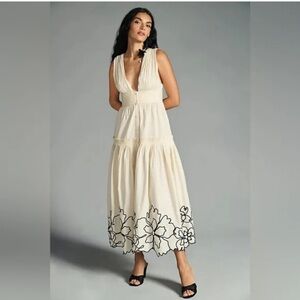 Anthropologie flower that girl deep v tiered black floral piping midi maxi dress